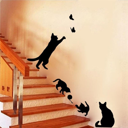 New Brand   1 Set/Pack Cat Play Butterflies Wall Sticker Removable Decoration Decals For Bedroom Kitchen Living Room Walls