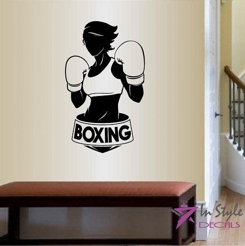 New Brand  Wall Vinyl Decal Home Decor Art Sticker Boxing Word Sign Girl Woman Box Logo Healthy Lifestyle Sports Fitness Gym Room Removable Stylish Mural Unique Design