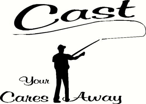 New Fashion  cast your cares away decal bumper sticker flyrod fishing window outdoors fly rod