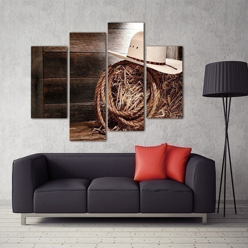 Fashion 4pcs No Frame Wall Art Paintings Print Cowboy Hat and Rope Wall Art Picture Canvas Paintings Wall Decorations for Living Room Home Office Artwork Decoration Home Decor