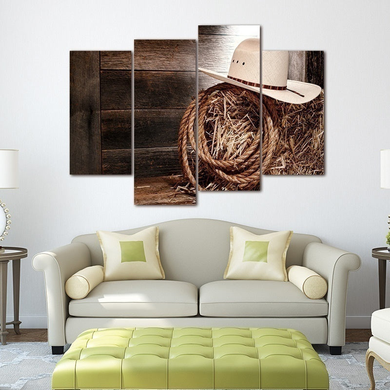 Fashion 4pcs No Frame Wall Art Paintings Print Cowboy Hat and Rope Wall Art Picture Canvas Paintings Wall Decorations for Living Room Home Office Artwork Decoration Home Decor