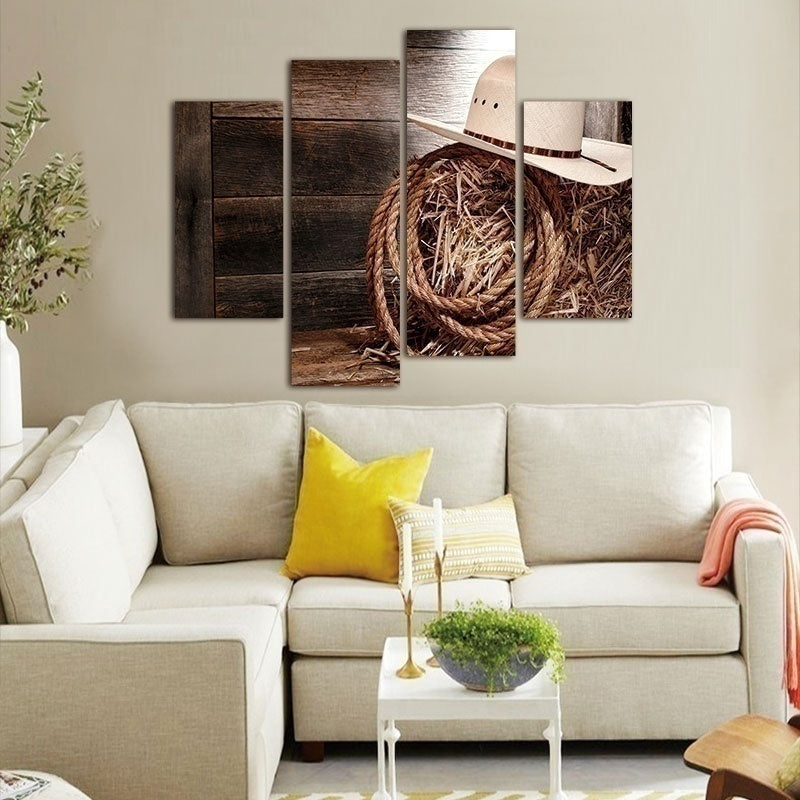 Fashion 4pcs No Frame Wall Art Paintings Print Cowboy Hat and Rope Wall Art Picture Canvas Paintings Wall Decorations for Living Room Home Office Artwork Decoration Home Decor