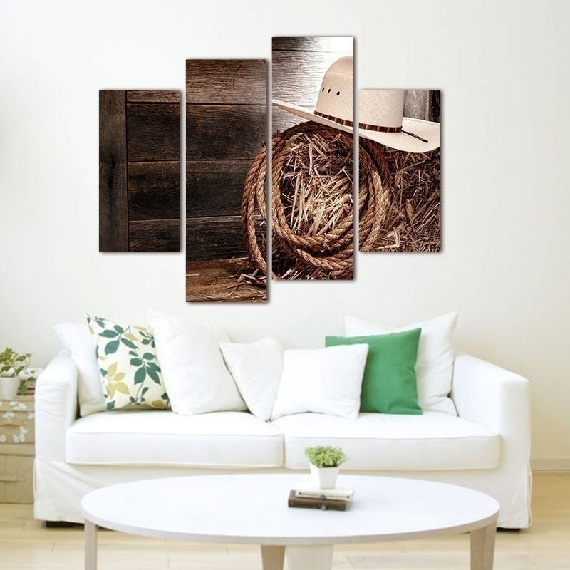 Fashion 4pcs No Frame Wall Art Paintings Print Cowboy Hat and Rope Wall Art Picture Canvas Paintings Wall Decorations for Living Room Home Office Artwork Decoration Home Decor