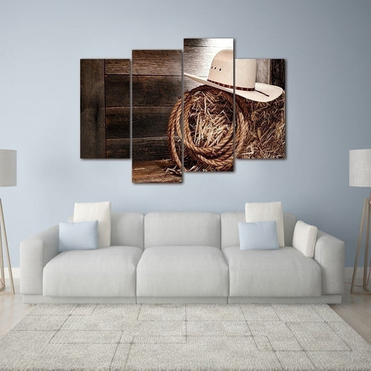 Fashion 4pcs No Frame Wall Art Paintings Print Cowboy Hat and Rope Wall Art Picture Canvas Paintings Wall Decorations for Living Room Home Office Artwork Decoration Home Decor