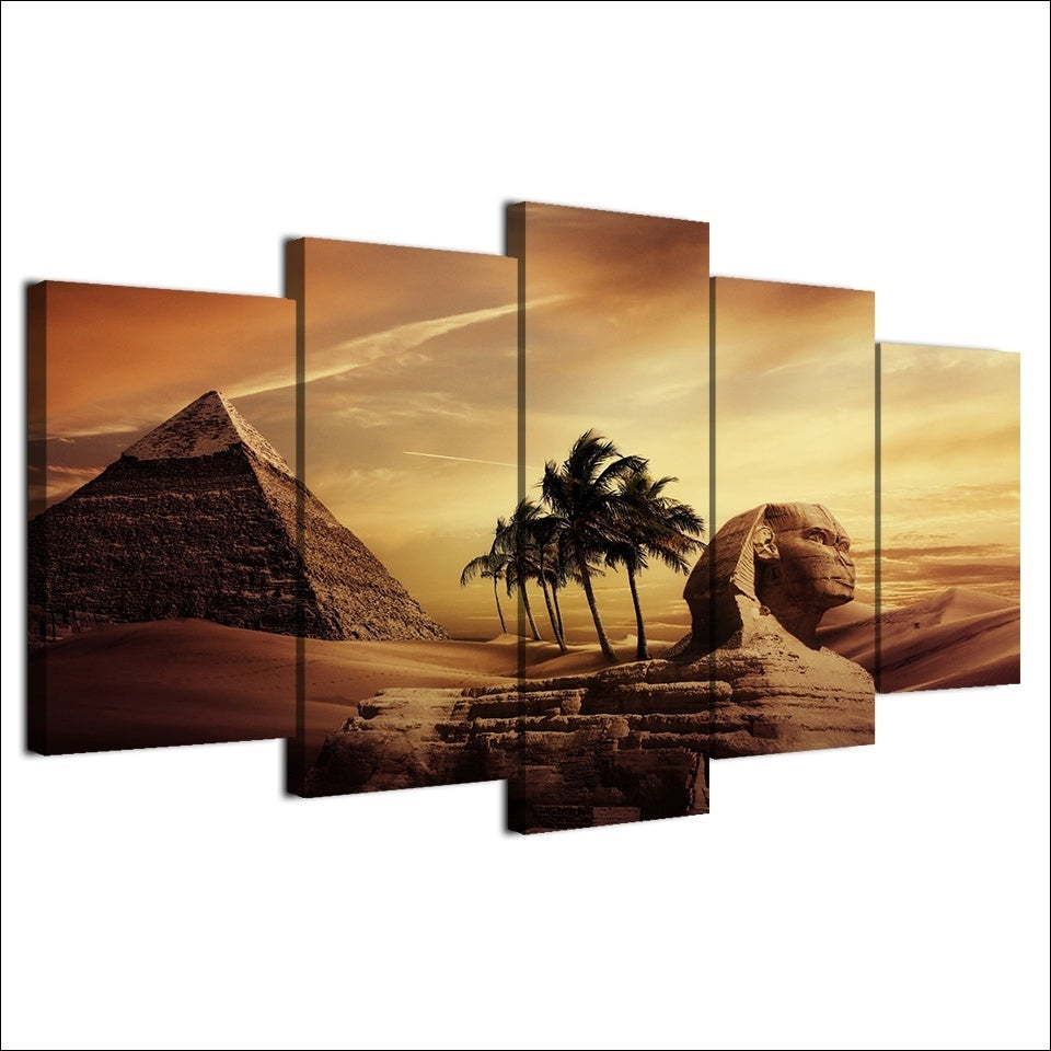 Hot High Quality HD Printed 5 Pieces Canvas Egyptian Pyramids Oil Painting Sunset Desert Wall Pictures for Living Room