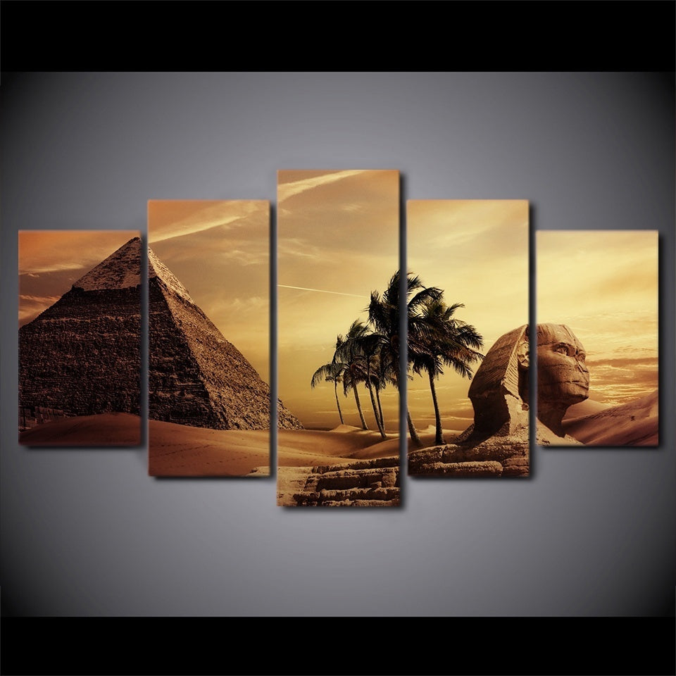 Hot High Quality HD Printed 5 Pieces Canvas Egyptian Pyramids Oil Painting Sunset Desert Wall Pictures for Living Room