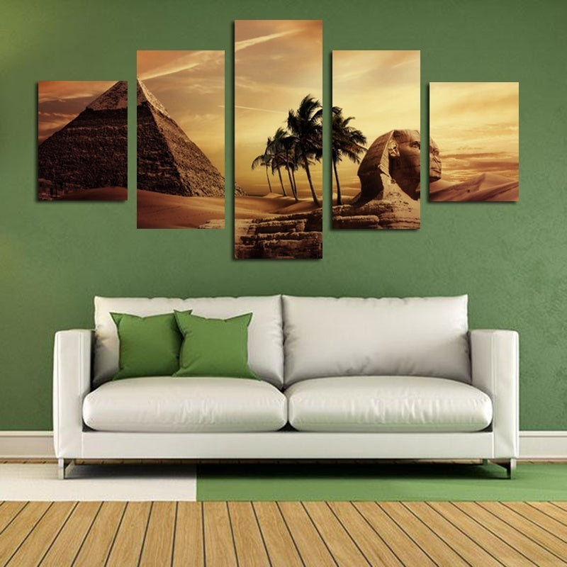 Hot High Quality HD Printed 5 Pieces Canvas Egyptian Pyramids Oil Painting Sunset Desert Wall Pictures for Living Room