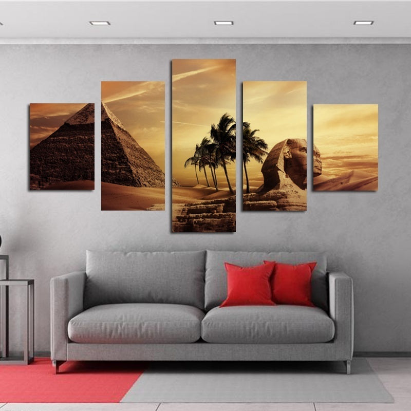 Hot High Quality HD Printed 5 Pieces Canvas Egyptian Pyramids Oil Painting Sunset Desert Wall Pictures for Living Room