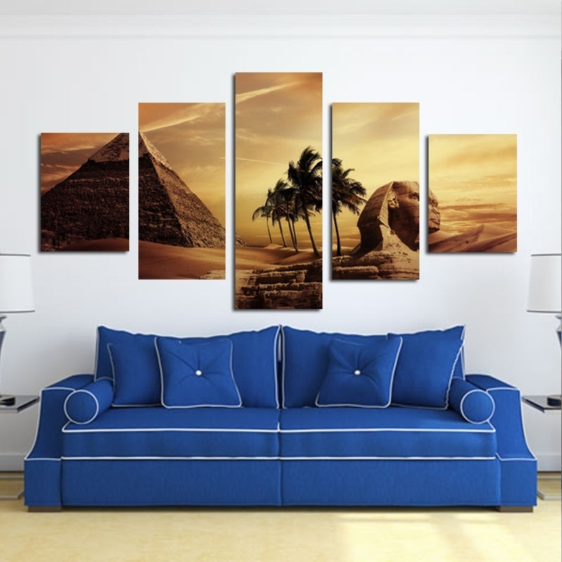 Hot High Quality HD Printed 5 Pieces Canvas Egyptian Pyramids Oil Painting Sunset Desert Wall Pictures for Living Room