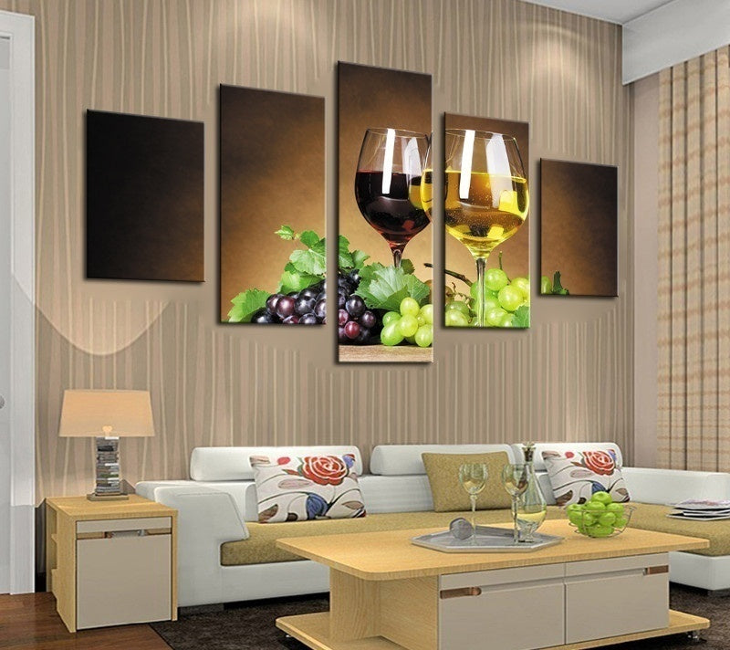 New Fashion Home Decoration 5 Piece Wine Cups Pictures Canvas Oil Painting on Wall Art for Living Room Print Decor Personalized Gift  (no Frames)