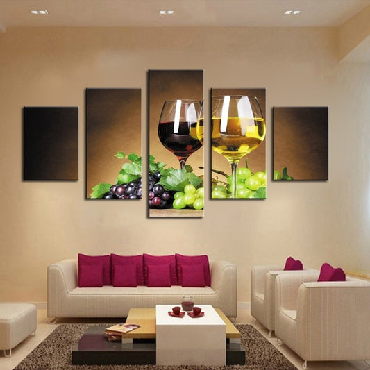 New Fashion Home Decoration 5 Piece Wine Cups Pictures Canvas Oil Painting on Wall Art for Living Room Print Decor Personalized Gift  (no Frames)