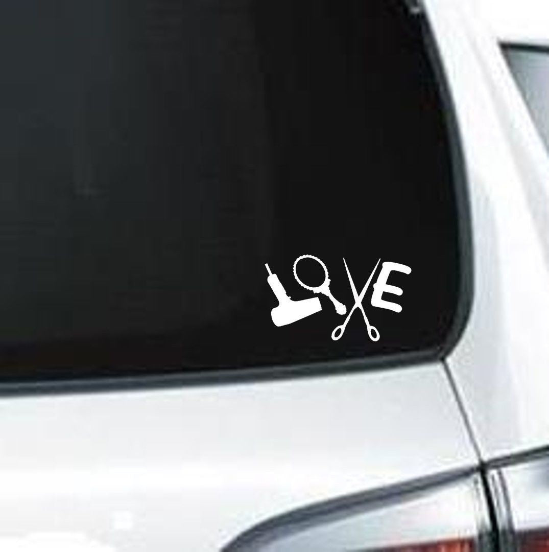 Fashion  Hair Stylist LOVE with Mirror Blow-dryer Scissors Vinyl Decal/sticker Window
