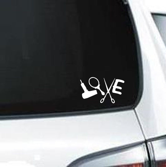 Fashion  Hair Stylist LOVE with Mirror Blow-dryer Scissors Vinyl Decal/sticker Window