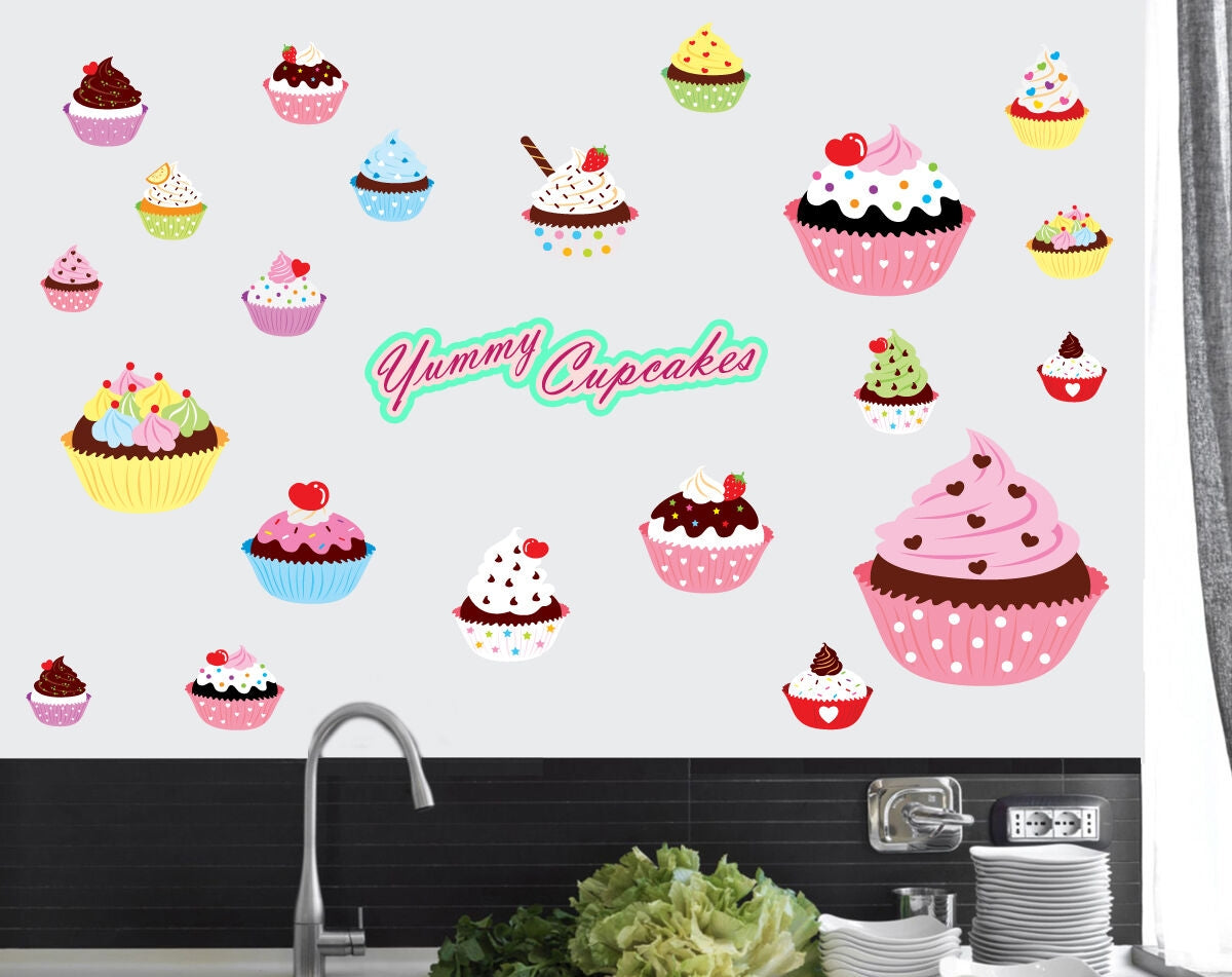 Yummy Cupcakes Pack of 22 Wall Art Stickers Kitchen Mural Transfer Decal Cakes