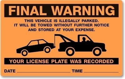 Fashion "Final Warning - Vehicle is Illegally Parked, It Will be Towed" Parking Violation Sticker | 5" x 8"