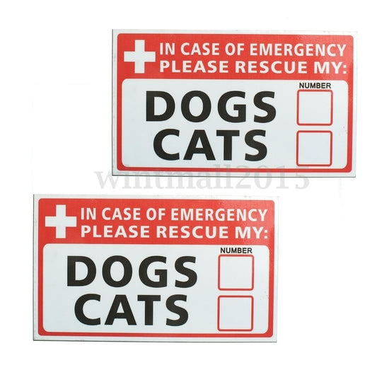 2pcs Emergency Pet Rescue DOGS CATS Vinyl Sticker Signs Safety Warning 74*125mm
