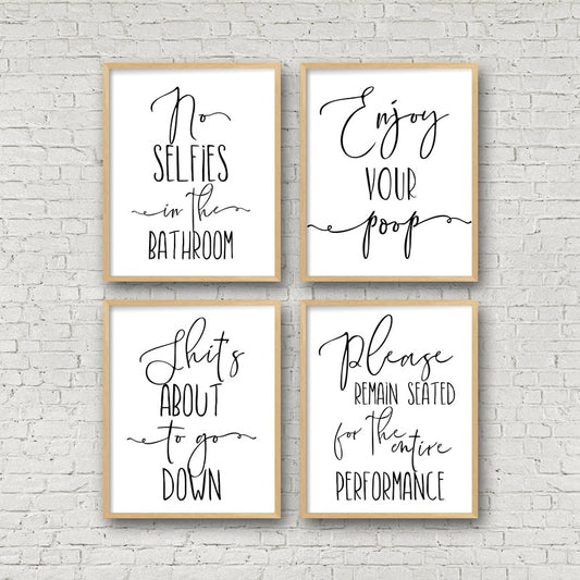 1Set(4Pcs) Funny Bathroom Sign Canvas Poster Wall Art Prints , No Selfies Enjoy Your Poop Please Remain Seated Toilet Signs Bathroom Decor