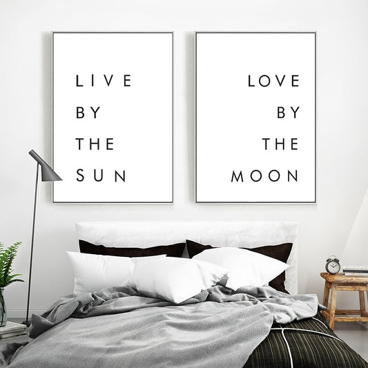 1Set(2Pcs) Black and White Live By The Sun Love By The Moon Quotes Canvas Painting Posters Prints Wall Art Pictures for Bedroom Home Decor