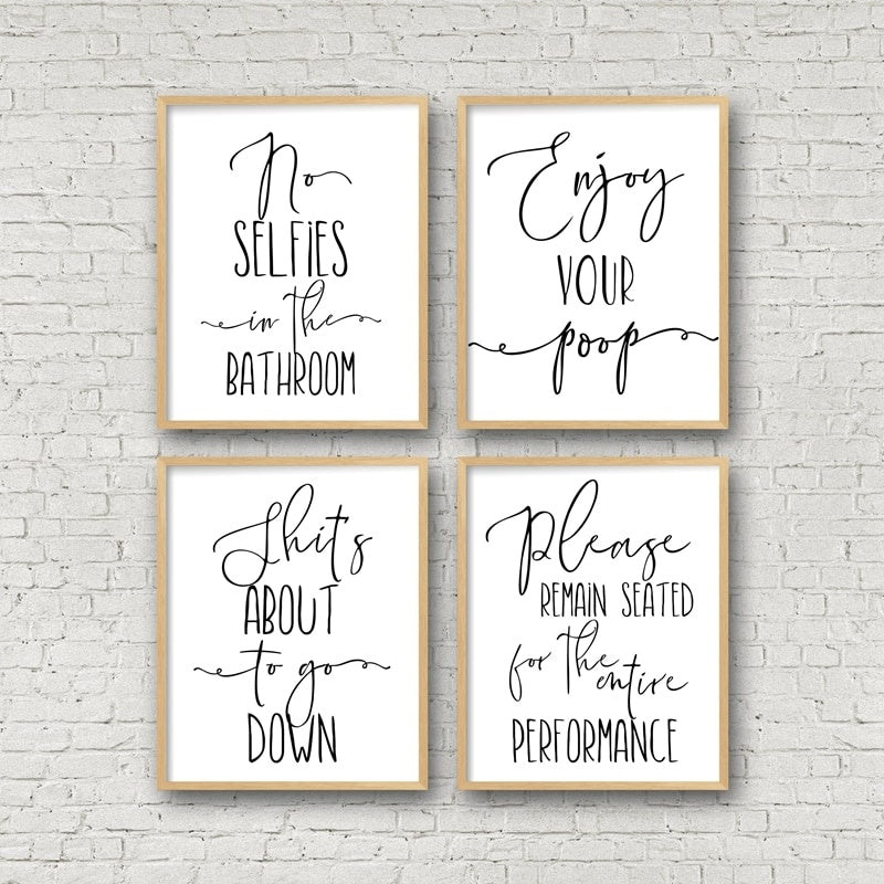 1Set(4Pcs) Funny Bathroom Sign Canvas Poster Wall Art Prints , No Selfies Enjoy Your Poop Please Remain Seated Toilet Signs Bathroom Decor