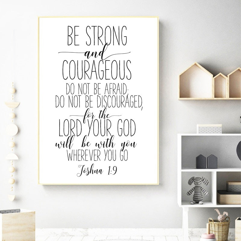 Bible Verse Joshua 1:9 Quotes Art Canvas Painting Picture Christian Nursery Sign Be Strong And Courageous Posters Print Decor