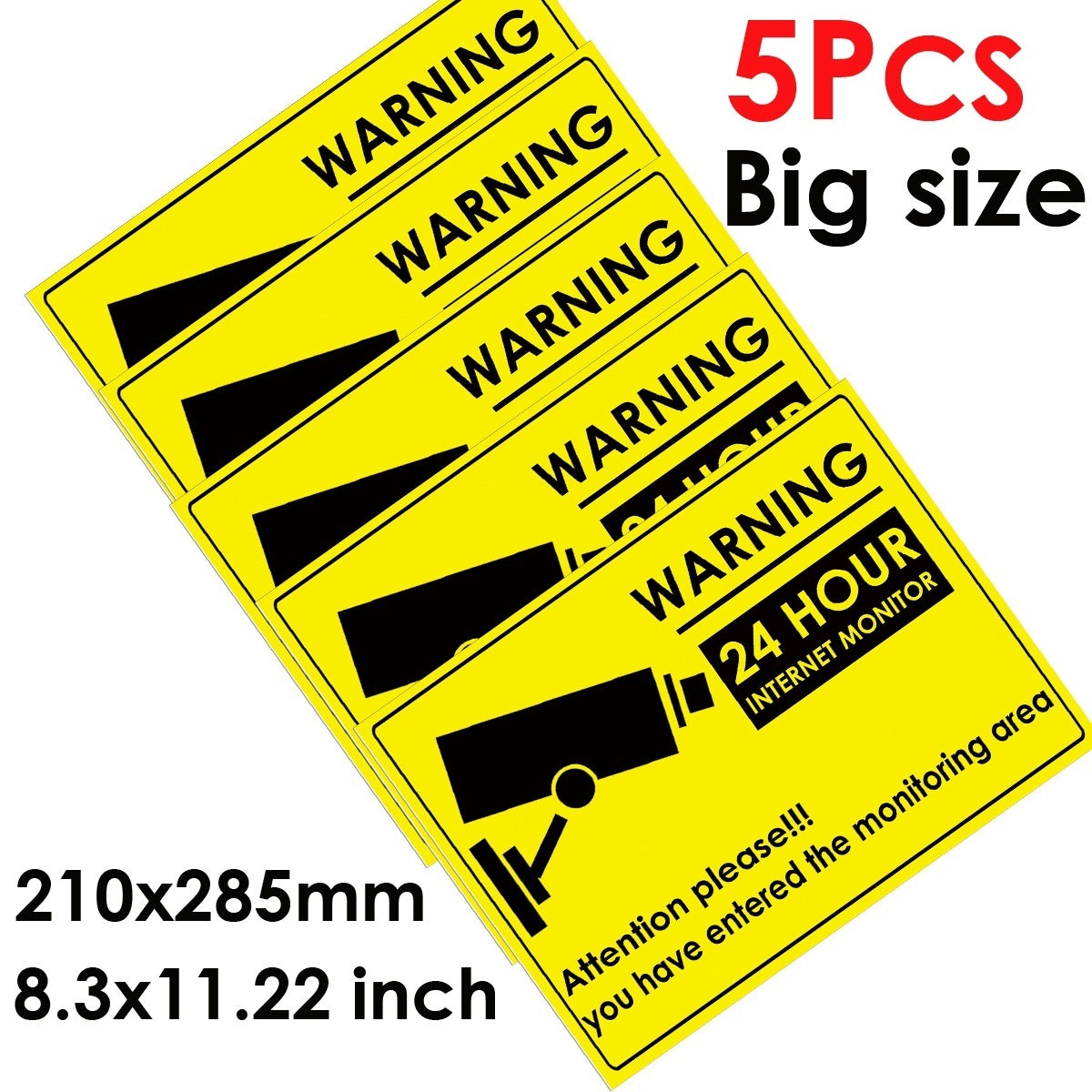 New Fashion 5pcs 24 HOUR CCTV Security Camera System Warning Sign Sticker Decal Surveillance CCTV Camera Video Warning Sticker big size 285x210mm  8.3x11.22 inch