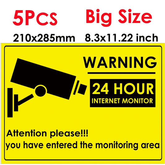 New Fashion 5pcs 24 HOUR CCTV Security Camera System Warning Sign Sticker Decal Surveillance CCTV Camera Video Warning Sticker big size 285x210mm  8.3x11.22 inch