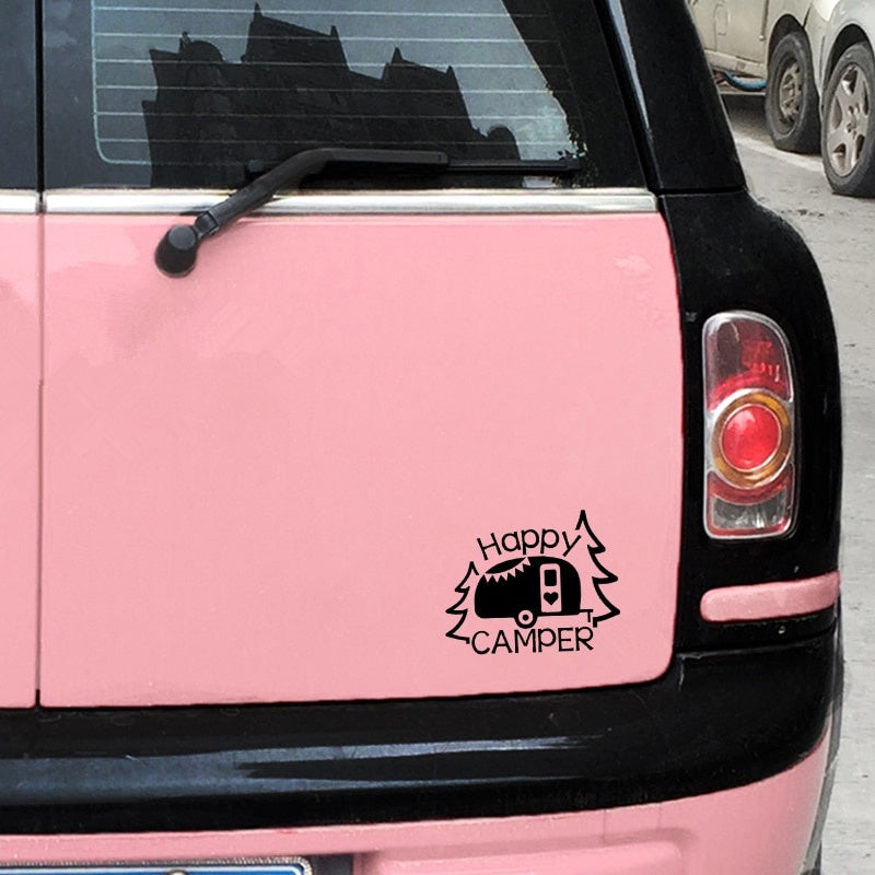 16CM*12.9CM Personalized Lettering Art Happy Camper Vinyl Decal Car Sticker Black/Silver C11-1329