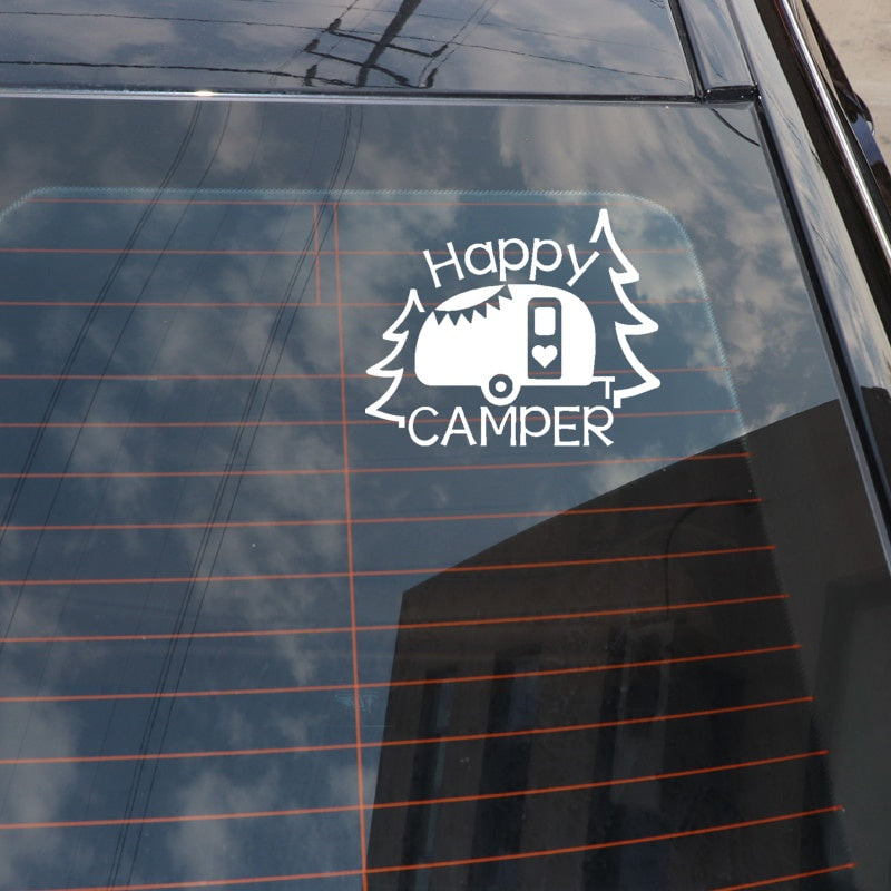 16CM*12.9CM Personalized Lettering Art Happy Camper Vinyl Decal Car Sticker Black/Silver C11-1329