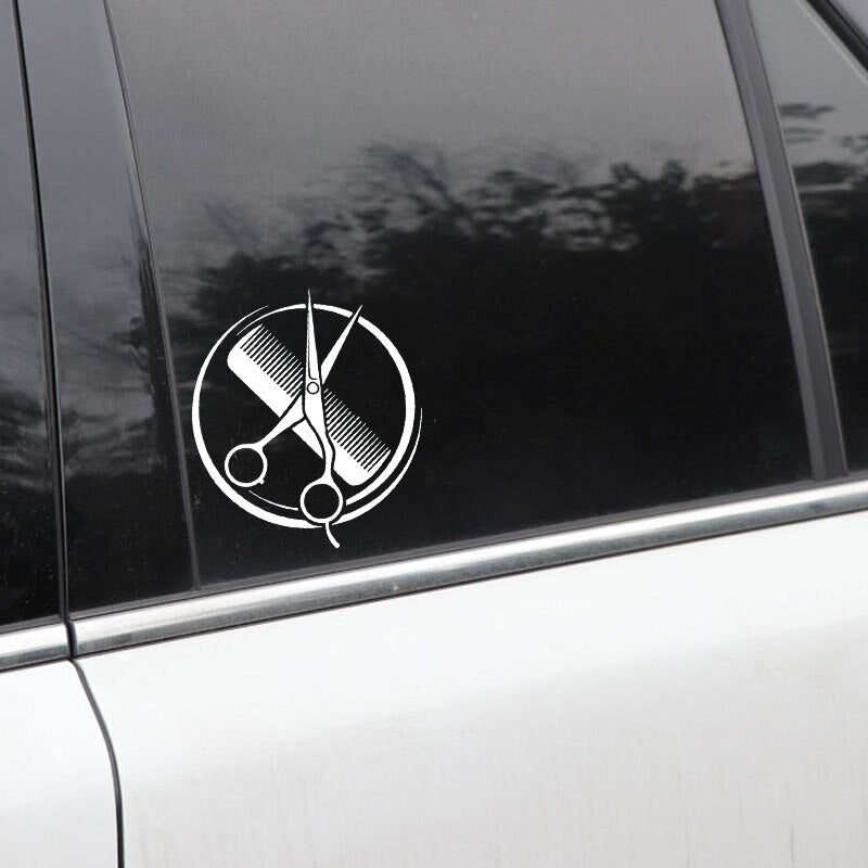 12.9CM*14.6CM  Comb Scissors Barbershop Beauty Salon Vinyl Black/Silver Car Sticker C22-0056