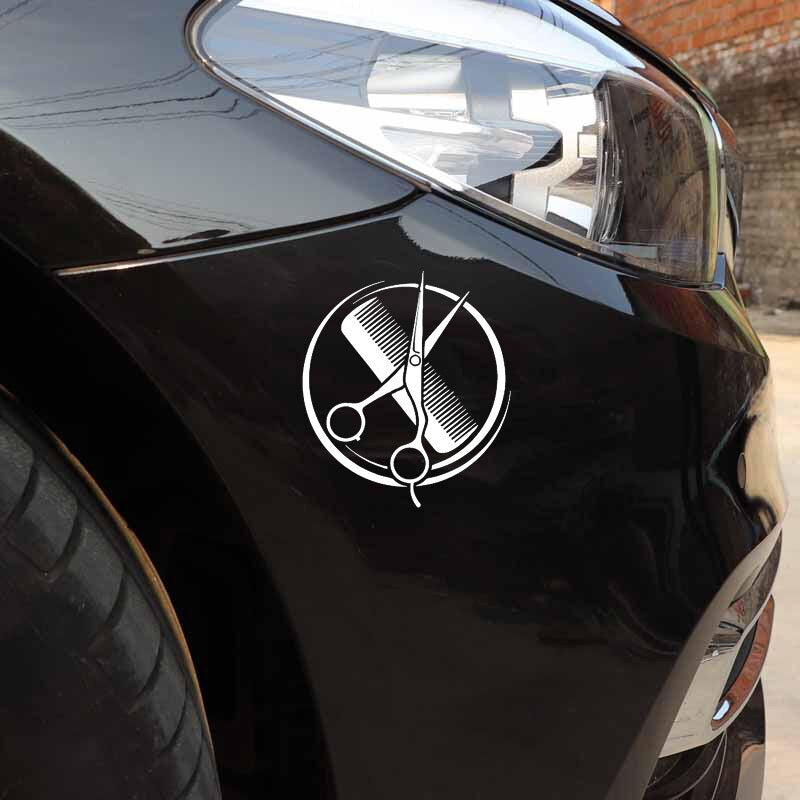 12.9CM*14.6CM  Comb Scissors Barbershop Beauty Salon Vinyl Black/Silver Car Sticker C22-0056