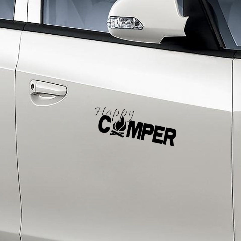 20X6.9CM HAPPY CAMPER Fire Camp Outdoors Bumper Sticker Car Decal Black/Silver Vinyl S8-0288