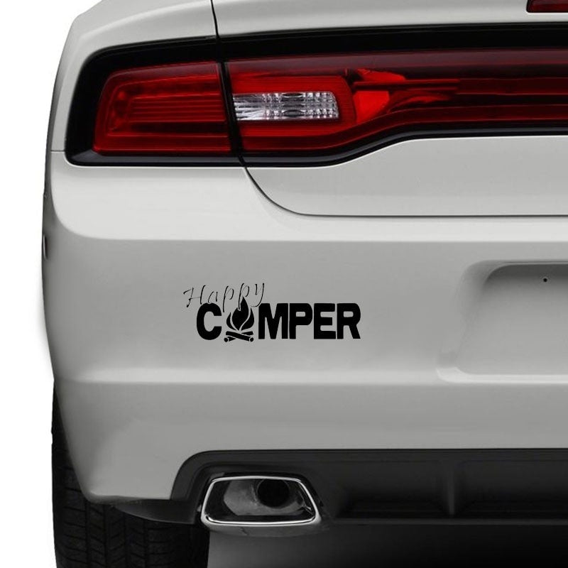 20X6.9CM HAPPY CAMPER Fire Camp Outdoors Bumper Sticker Car Decal Black/Silver Vinyl S8-0288