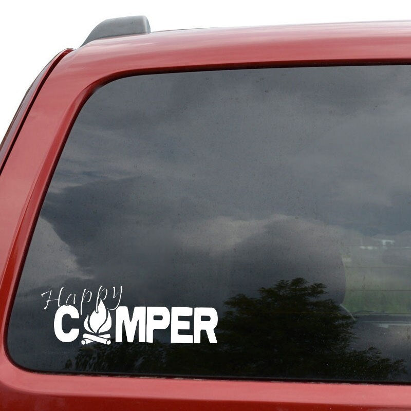 20X6.9CM HAPPY CAMPER Fire Camp Outdoors Bumper Sticker Car Decal Black/Silver Vinyl S8-0288