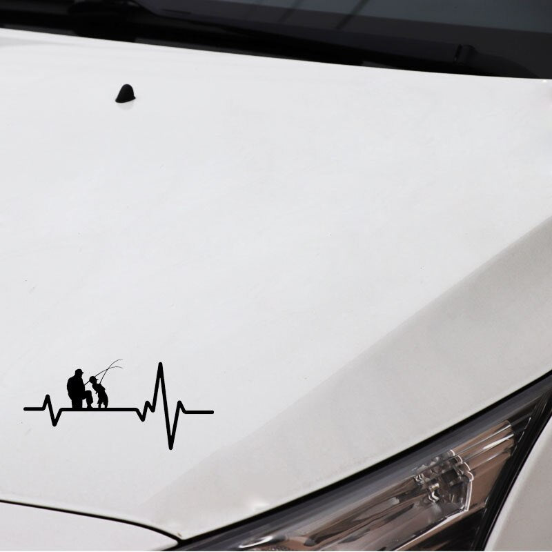 16.7CM*8CM Fishing Father Dad Son Fish Rod Reel Heartbeat Vinyl Black/Silver Car Sticker C22-1203