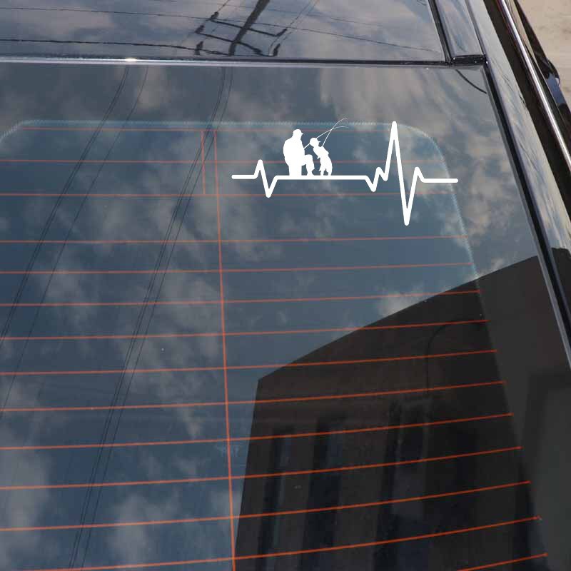 16.7CM*8CM Fishing Father Dad Son Fish Rod Reel Heartbeat Vinyl Black/Silver Car Sticker C22-1203