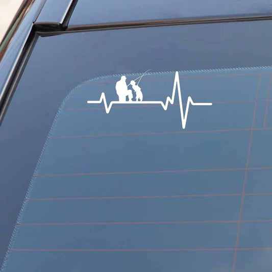 16.7CM*8CM Fishing Father Dad Son Fish Rod Reel Heartbeat Vinyl Black/Silver Car Sticker C22-1203