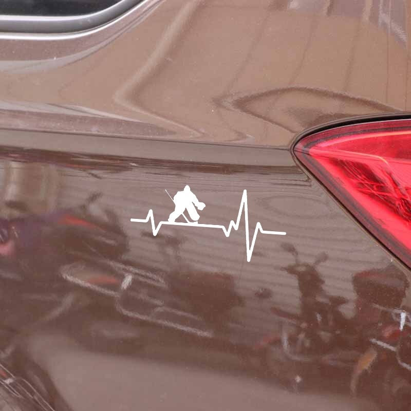 16.2CM*7.5CM Fun Hockey Goalie Pads Puck Heartbeat Line Vinyl Black/Silver Car Sticker C22-1166