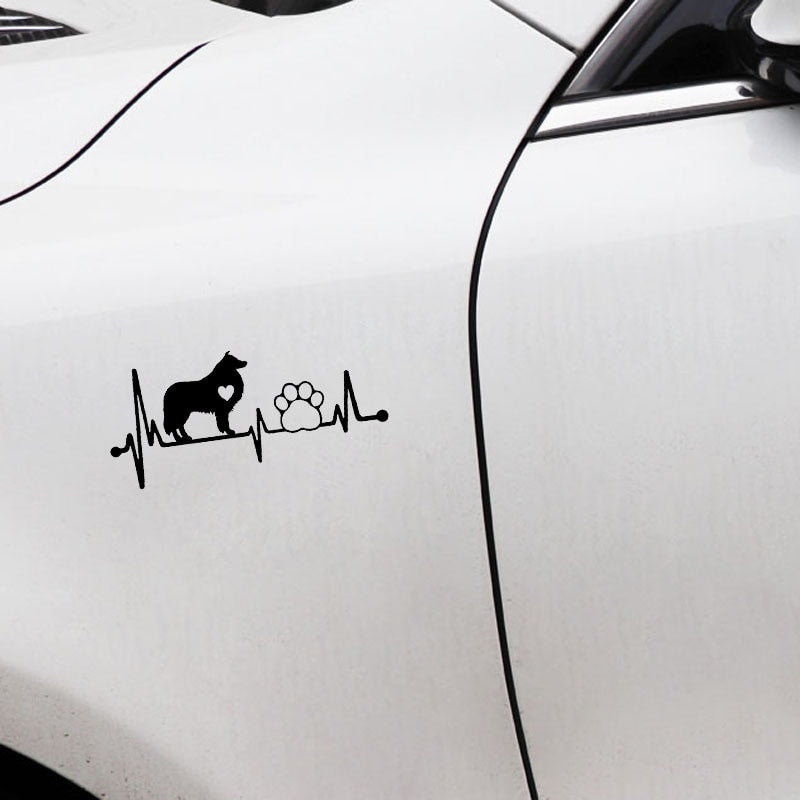 14.4CM*6.4CM Collie Heartbeat Lifeline Dog Paw Vinyl Motorcycle Black/Silver Car Sticker C22-1058