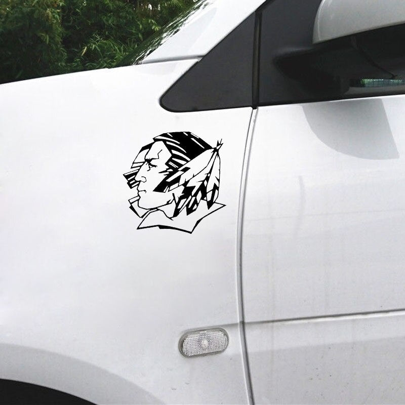 16*16.1CM Cartoon Fighting Sioux With FEATHER Decals Vinyl Car Stickers Black/Silver S8-1562