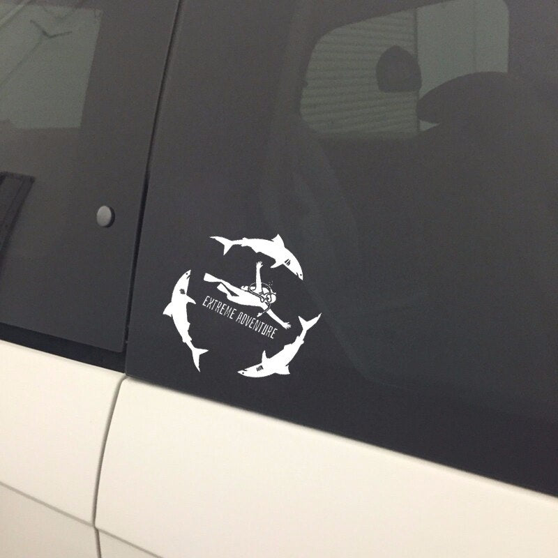 16.2*17.8CM Diving Extreme ADVENTURE Sports Diver Sea Ocean Sharks Vinyl Car Sticker C12-0686