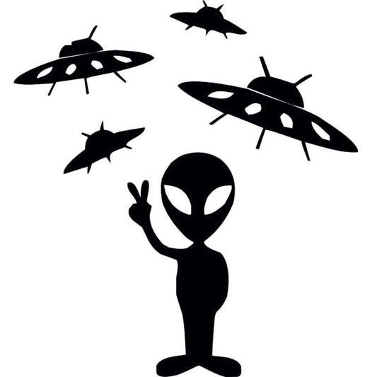 13.6cm*14.9cm Alien Space Man We Come In Peace Space Ships Decal Car Sticker S6-3341