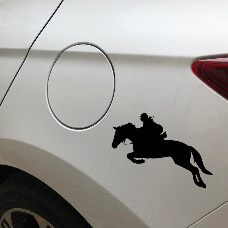 New Fashion 15CM*11.1CM Horse Riding Jump Silhouette Ancient Vehicle Vinyl Decal Car Sticker Dazzling Black/Silver C27-1036