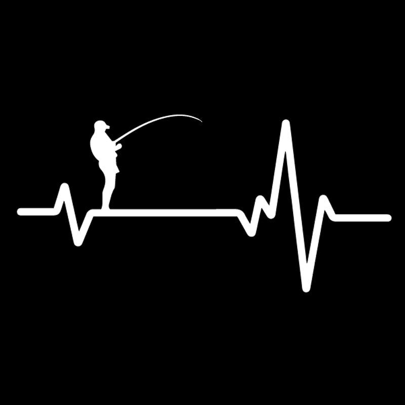 17CM*8.1CM Decal Vinyl Car Sticker Heart Beat Line Fishing Deep Sea Man in Hat Rod Reel Lure Black/Silver C24-0708
