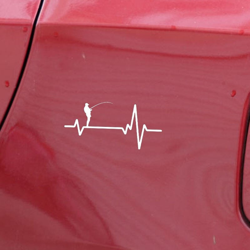 17CM*8.1CM Decal Vinyl Car Sticker Heart Beat Line Fishing Deep Sea Man in Hat Rod Reel Lure Black/Silver C24-0708