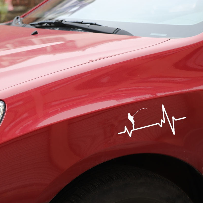 17CM*8.1CM Decal Vinyl Car Sticker Heart Beat Line Fishing Deep Sea Man in Hat Rod Reel Lure Black/Silver C24-0708