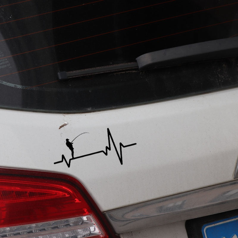 17CM*8.1CM Decal Vinyl Car Sticker Heart Beat Line Fishing Deep Sea Man in Hat Rod Reel Lure Black/Silver C24-0708
