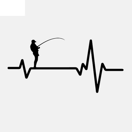 17CM*8.1CM Decal Vinyl Car Sticker Heart Beat Line Fishing Deep Sea Man in Hat Rod Reel Lure Black/Silver C24-0708