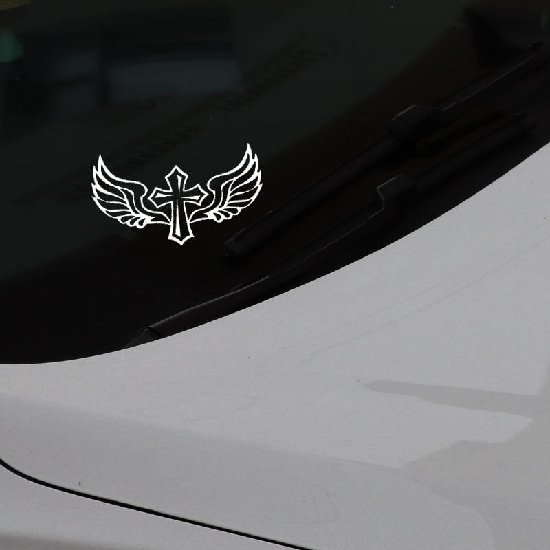 15.7CM*8.9CM Cross Wings Christian Decal Vinyl Car Sticker Faith Black/Silver C3-1310