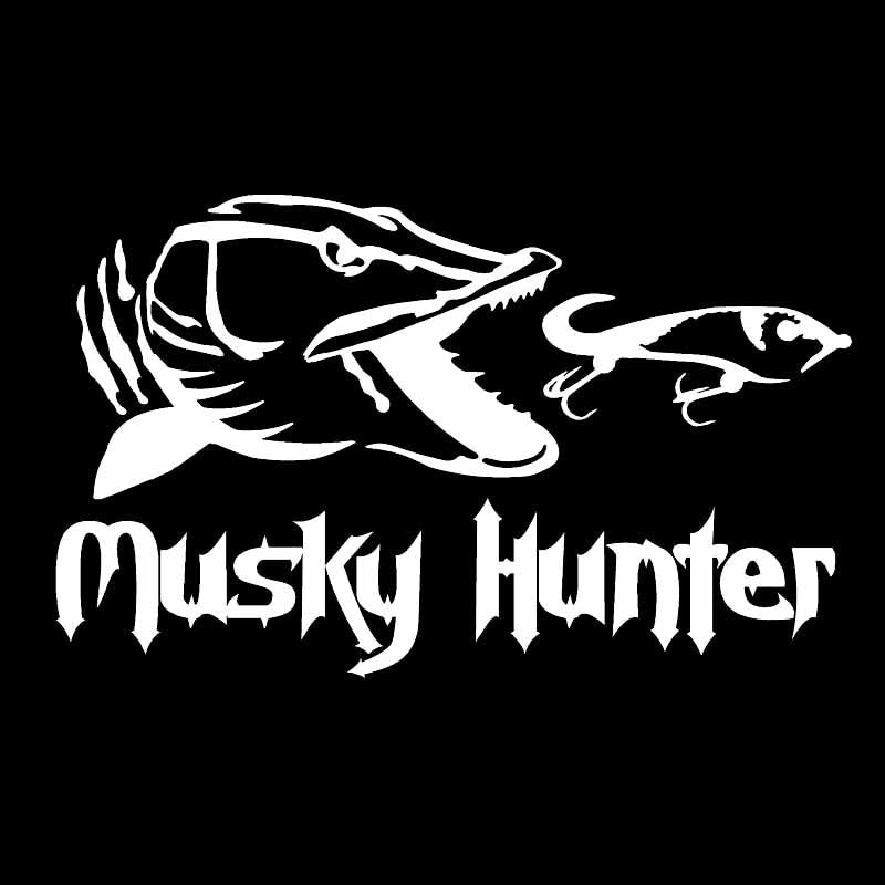 16.3CM*9.9CM Vinyl Car Stickers Fishing Musky Hunter Cartoon Fish Decal Black/Silver C24-1054