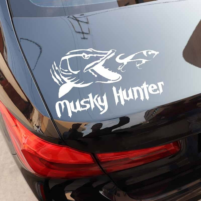 16.3CM*9.9CM Vinyl Car Stickers Fishing Musky Hunter Cartoon Fish Decal Black/Silver C24-1054